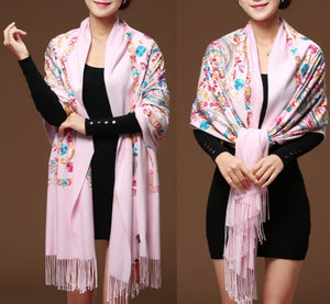 Women Floral Embroidery Shawl Pashmina Cashmere Scarf