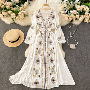 Women Embroidery Boho V-Neck Lantern Sleeve Dress