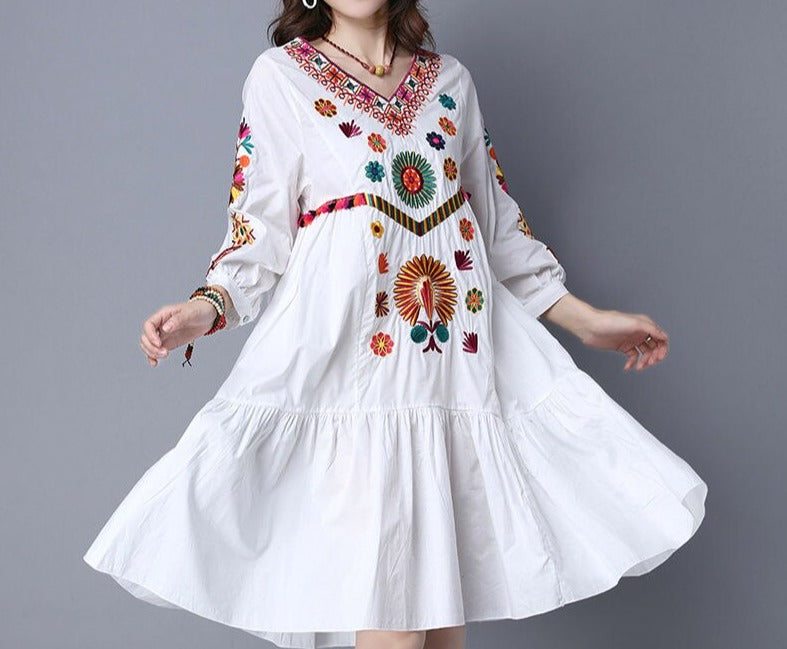 Women Vintage Bohemian Hippie Floral Embroidered Dress