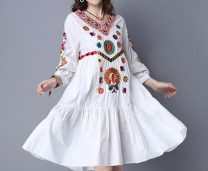 Women Vintage Bohemian Hippie Floral Embroidered Dress