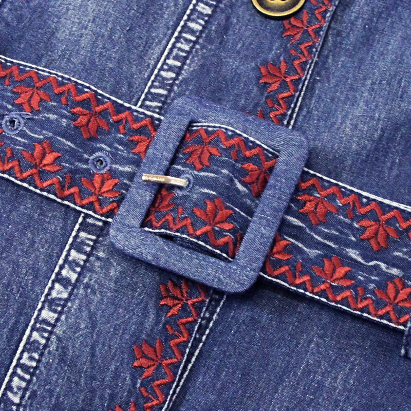 Woman Embroidery Boho Denim Vintage Belted Dress