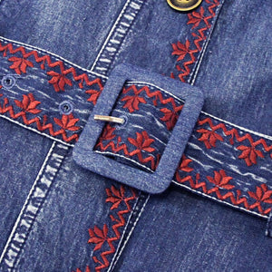 Woman Embroidery Boho Denim Vintage Belted Dress