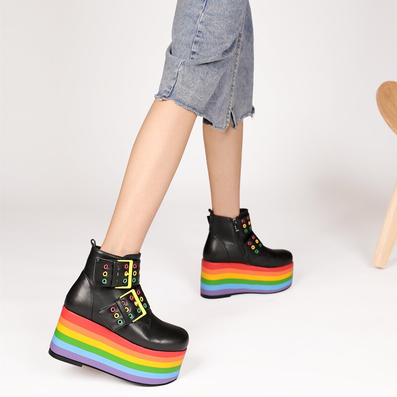 Women Leather Rainbow High Platform Ankle Boots