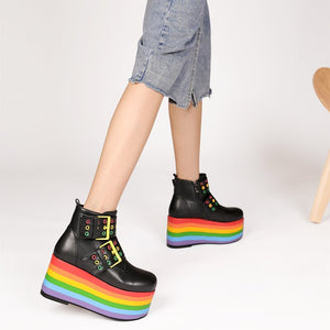 Women Leather Rainbow High Platform Ankle Boots