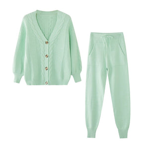 Women V-neck Single Breasted Cardigan Pant Sweater 2 Pcs Set
