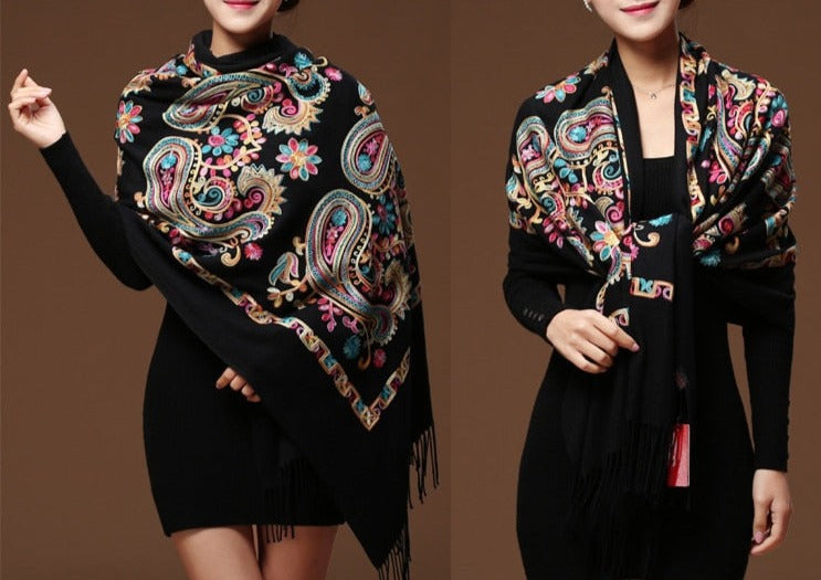Women Floral Embroidery Shawl Pashmina Cashmere Scarf