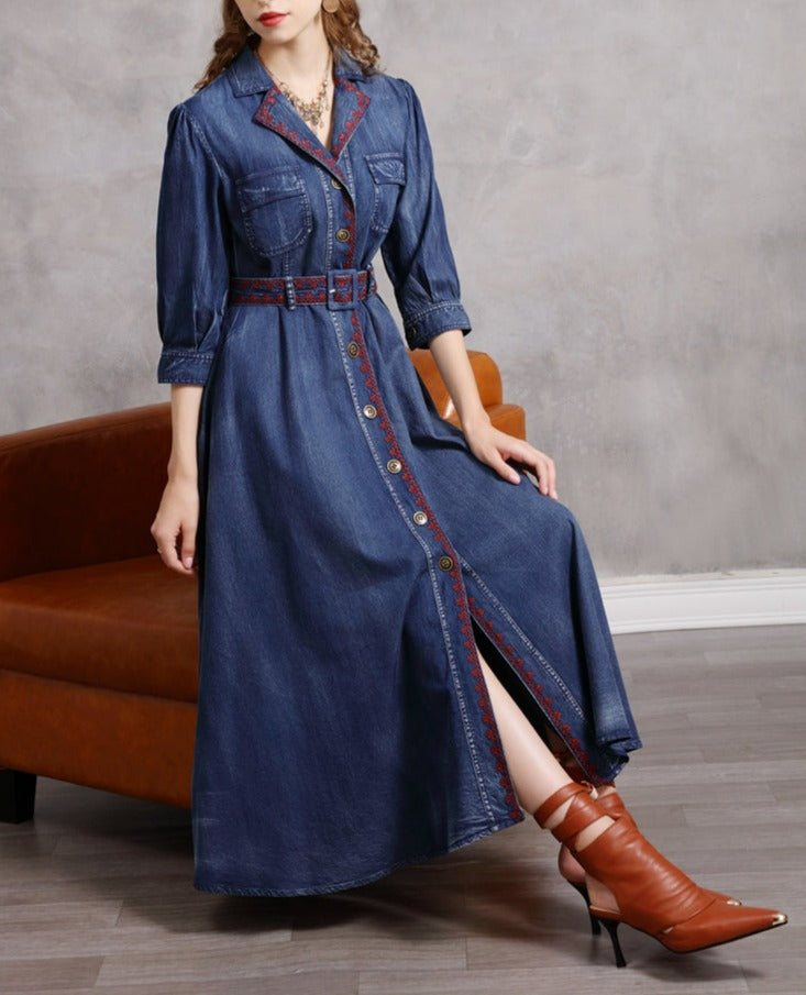 Woman Embroidery Boho Denim Vintage Belted Dress