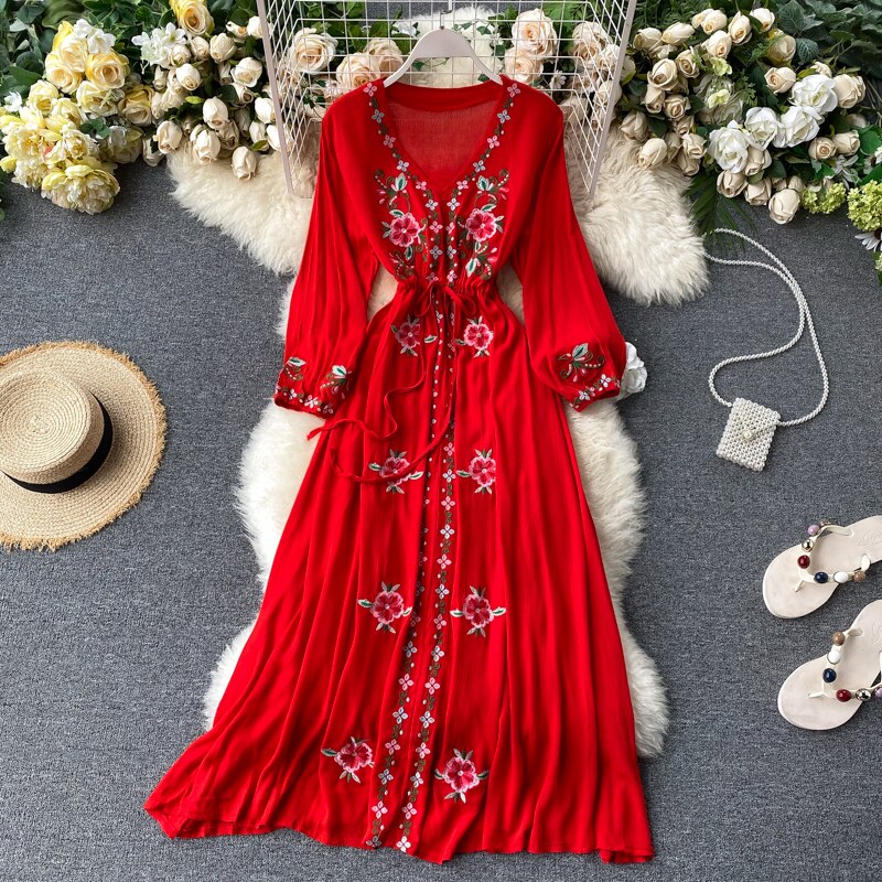Women Retro Embroidered V-neck Lantern Sleeve Dress