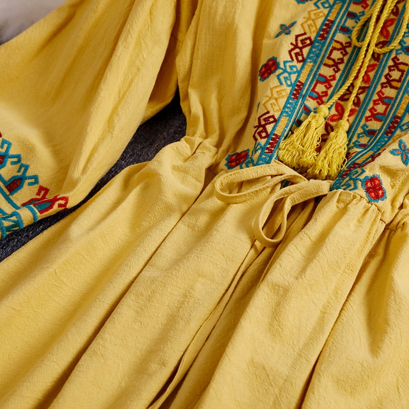 Women Bohemian Embroidered Floral O-Neck Dress