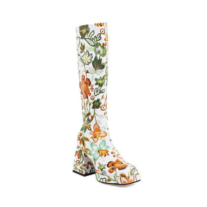 Women Floral Knee-Length Square-Toe High Thick Heel Boots