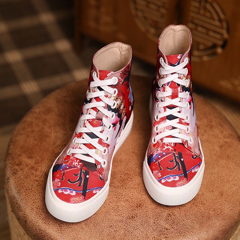 Women Peking Face Round Toe Lace Up Canvas Shoes