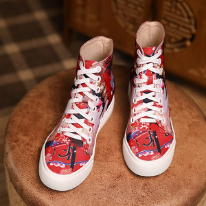 Women Peking Face Round Toe Lace Up Canvas Shoes