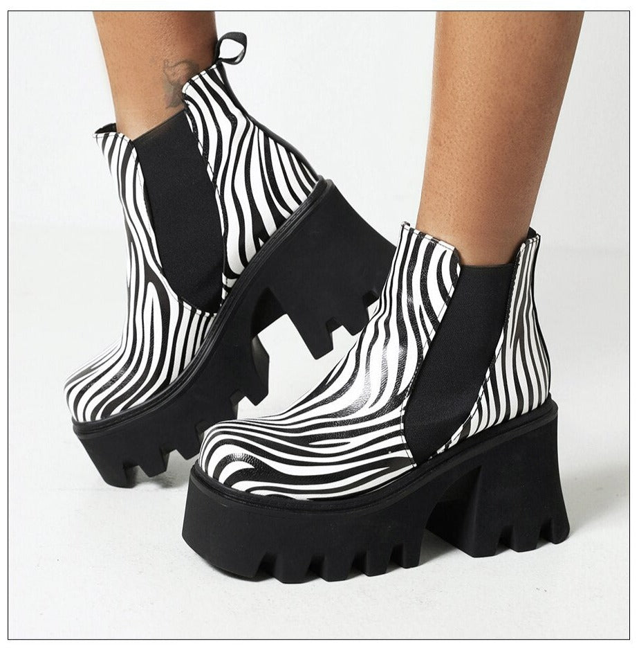 Women Cow Pattern Platform Chelsea Elastic Band Boots