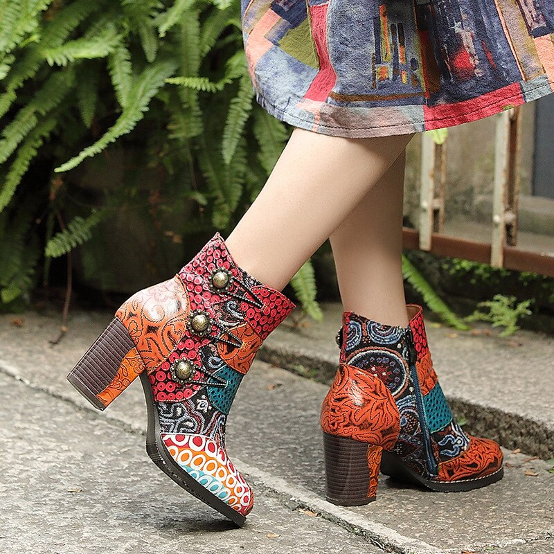 Women Handmade Genuine Leather Platform Round Toe Sewing High Heel Ankle Boots