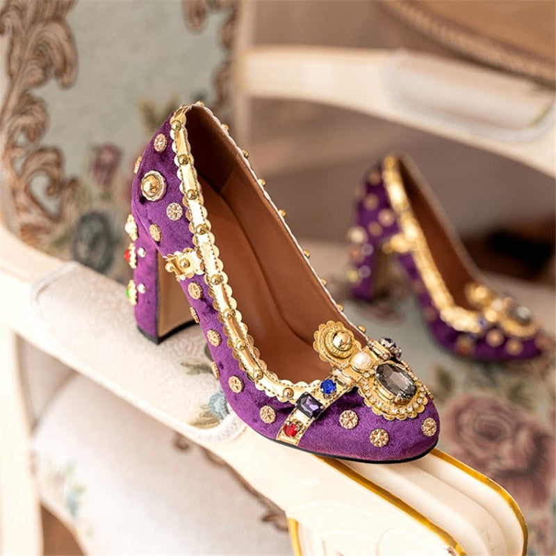 Women Retro High Heels Velvet Rhinestone Rivets Shoes