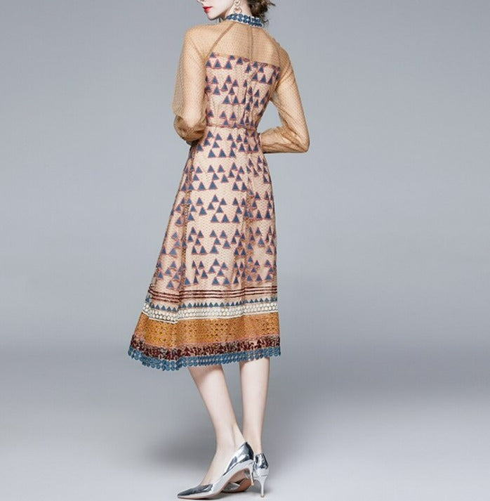Women Embroidery Mesh Festa Long Elegant Vintage Dress