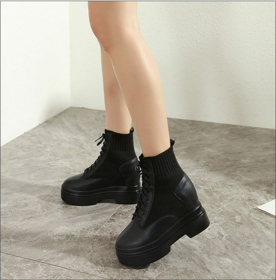 Women Chunky Combat Wedge Ankle Sock Boots