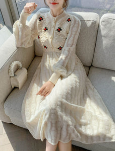 Women Embroidery Korea Style Slim Wool Knitting Dress