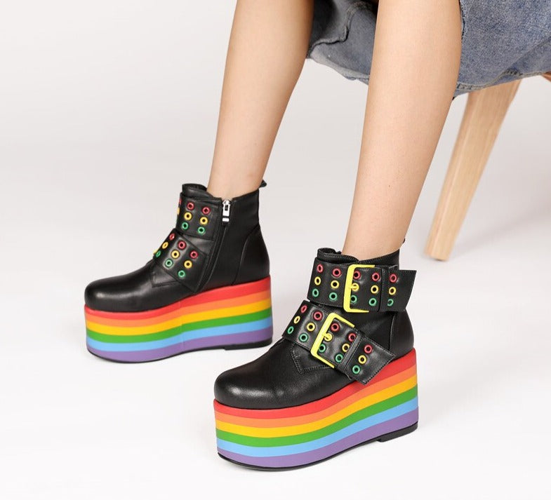 Women Leather Rainbow High Platform Ankle Boots