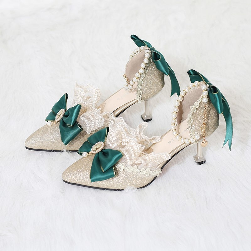 Women Pointed Toe Thin Satin High Heels Lolita Shoes