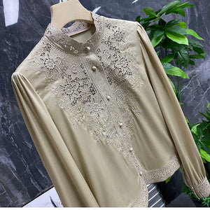 Women Embroidery Vintage Blusas De Mujer Stand Collar Blouse