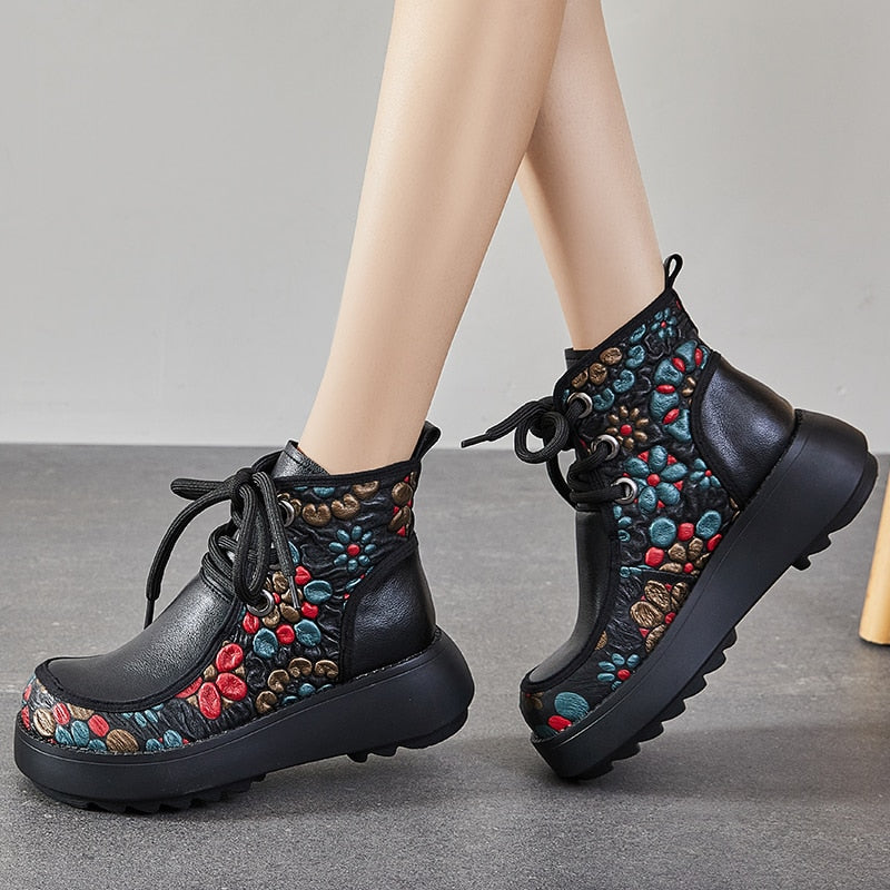 Women Genuine Leather Retro Lace-up Concise Boots