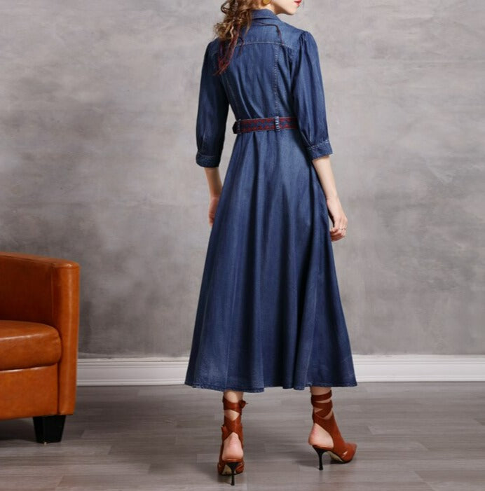 Woman Embroidery Boho Denim Vintage Belted Dress