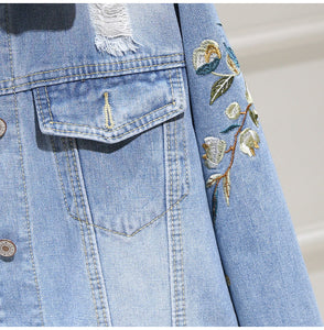 Women Embroidery Floral Vintage Denim Coat
