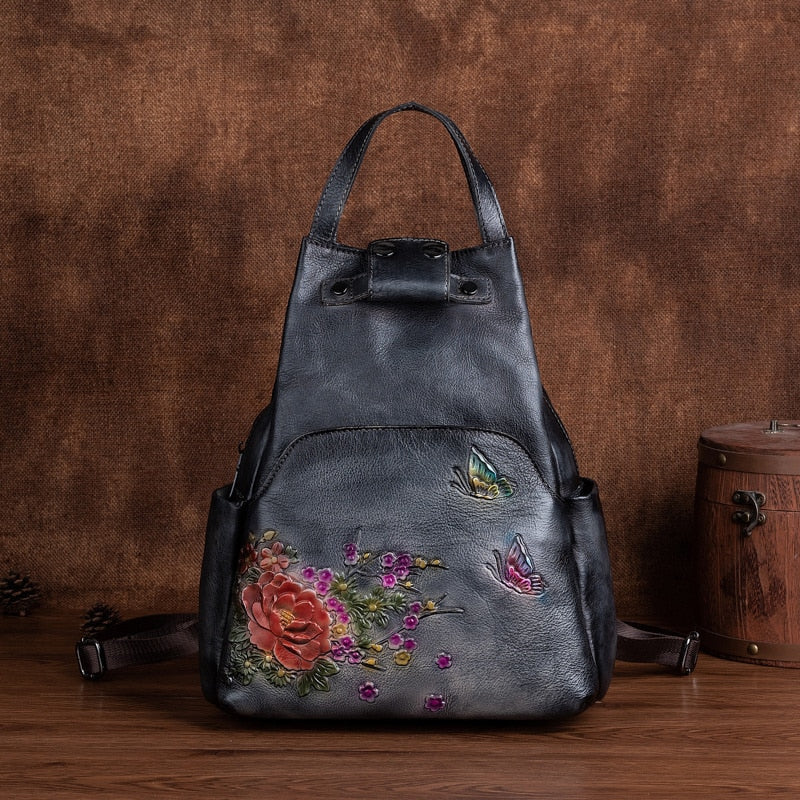 Women Retro Embossed Genuine Leather Backpack