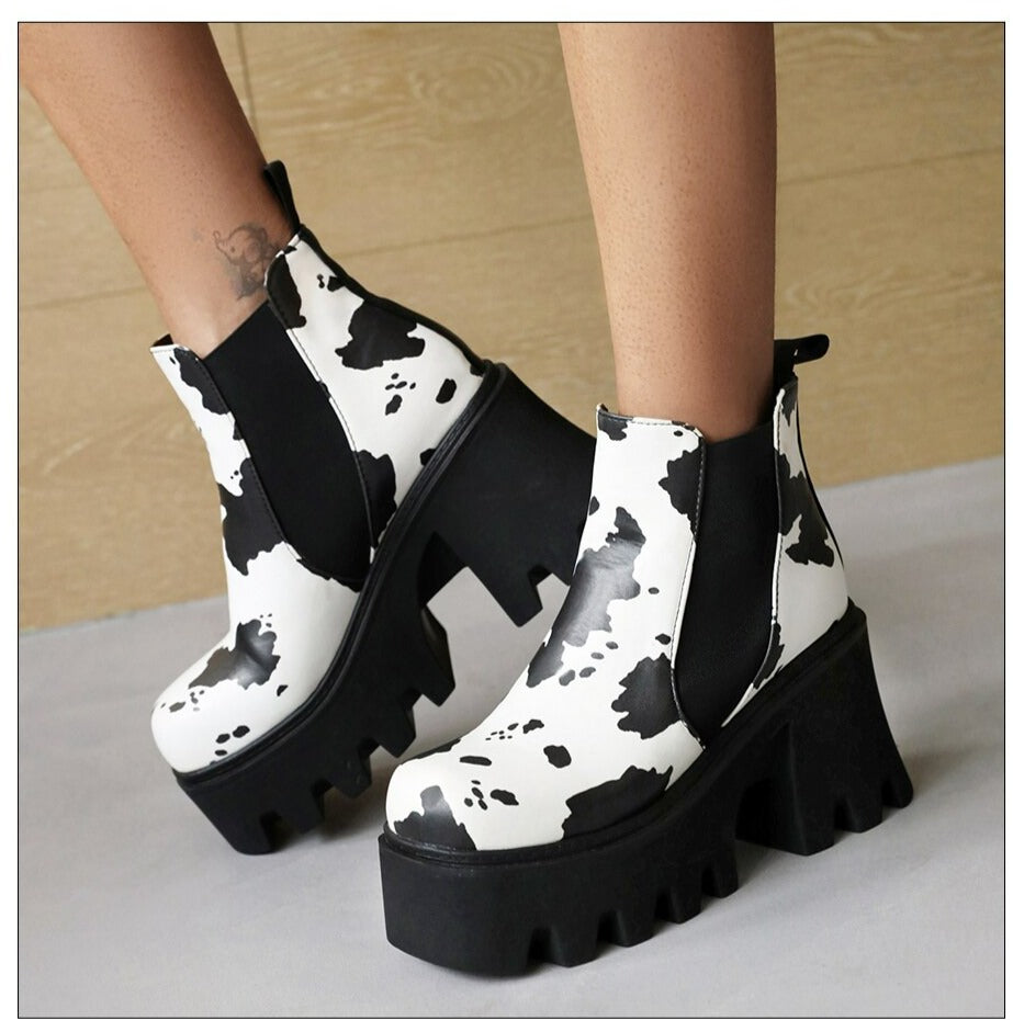 Women Cow Pattern Platform Chelsea Elastic Band Boots