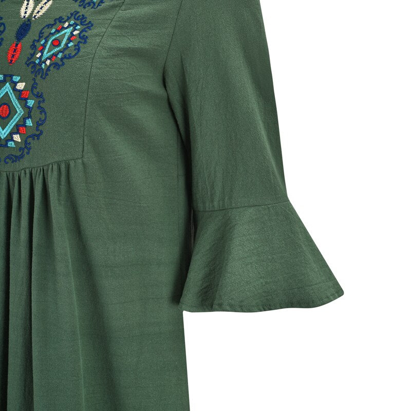 Women Bohemian Embroidered Lotus Leaf Sleeve Dress