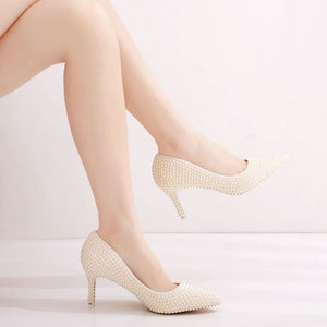 Women Pearl Handmade Wedding Shoes Bridal High Heels