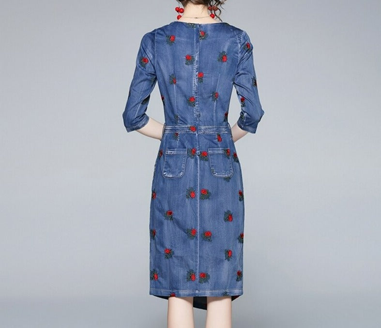 Women Embroidery Festa Runway Designer Denim Dress
