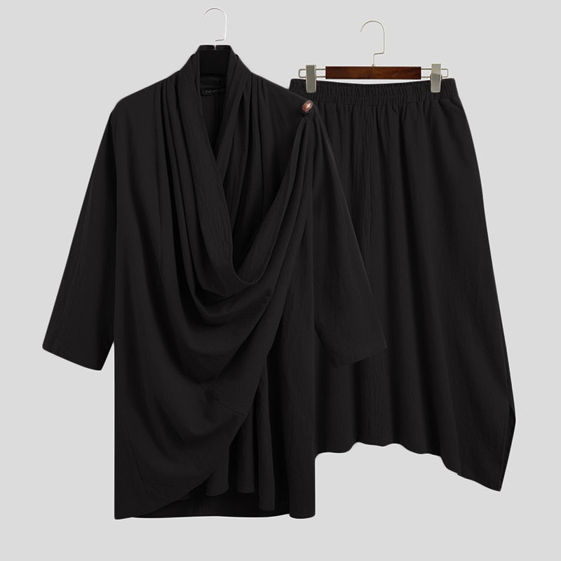 Men Turtleneck Irregular Cloak Coats Drop Crotch Pants Vintage Suits