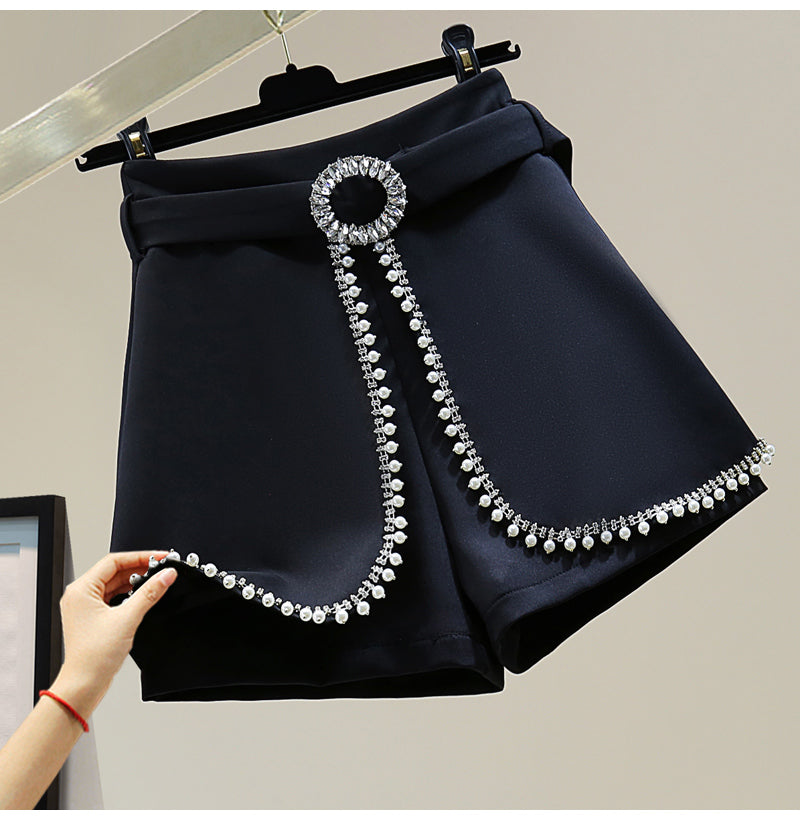 Women Beads Diamond A- Line Wide Leg  Short Pantskirt