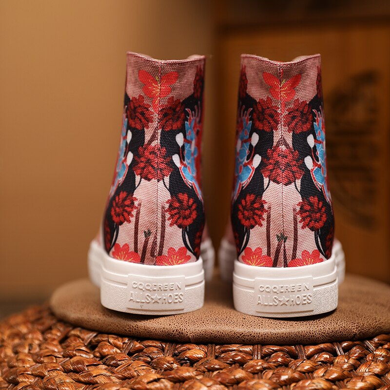 Women Peking Face Round Toe Lace Up Canvas Shoes
