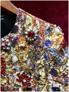 Women Runway Pearl Diamond Short Sleeve Vintage Mini Dress