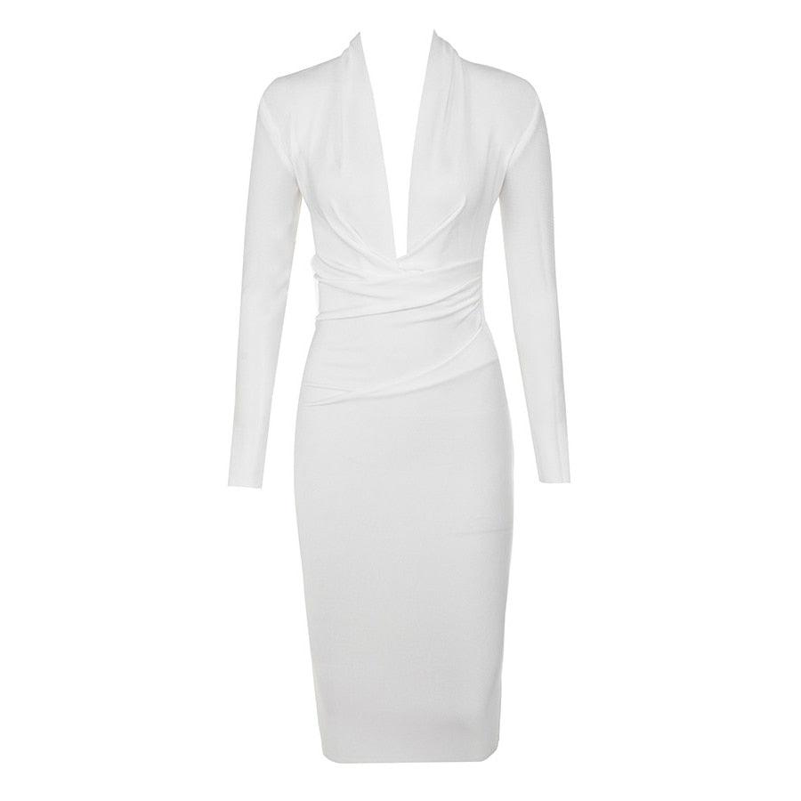 Women V Neck Draped Long Sleeve Midi Bandage Dress