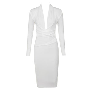 Women V Neck Draped Long Sleeve Midi Bandage Dress