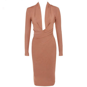Women V Neck Draped Long Sleeve Midi Bandage Dress