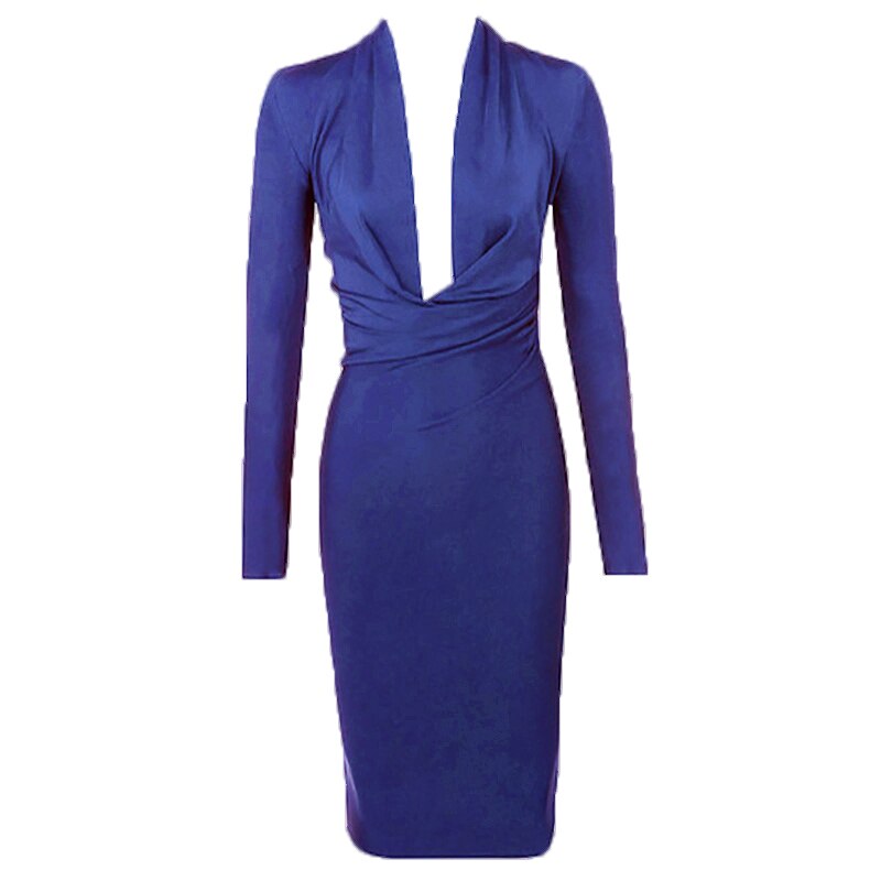 Women V Neck Draped Long Sleeve Midi Bandage Dress