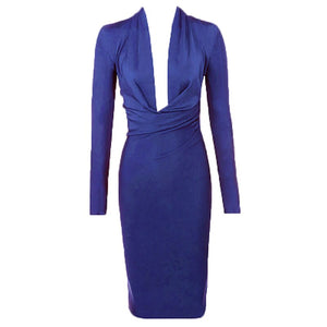 Women V Neck Draped Long Sleeve Midi Bandage Dress