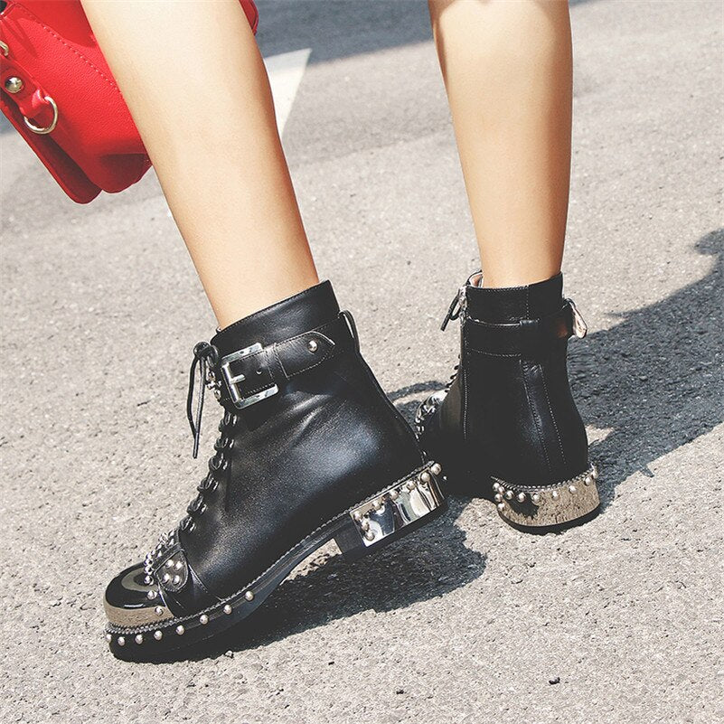 Women Punk Genuine Leather Ankle Motorcycle Boots