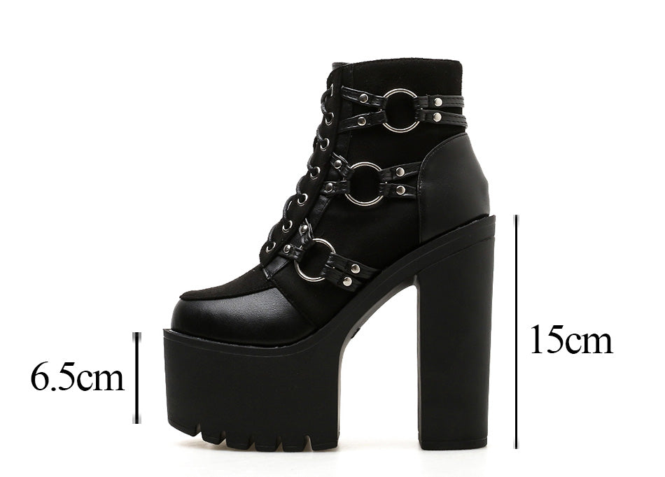 Women Motorcycle Platform Heels Lacing Round Toe Shoes