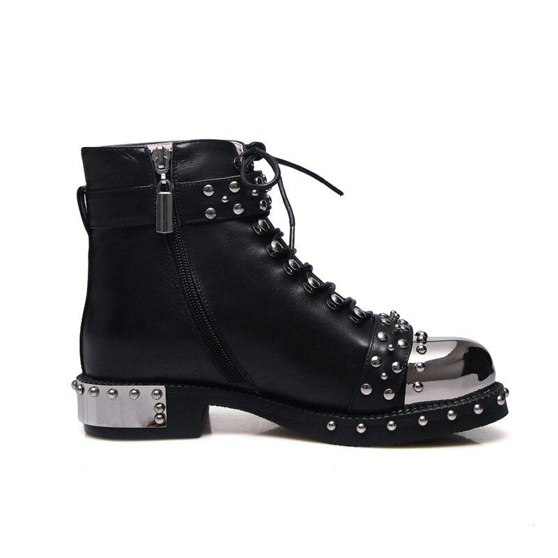 Women Punk Genuine Leather Ankle Motorcycle Boots