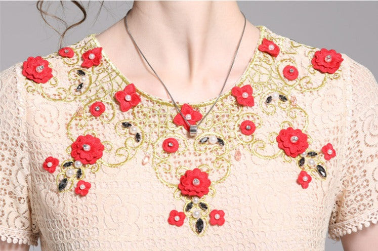 Women Floral Embroidery Vestidos Lace Festa Robe Dress