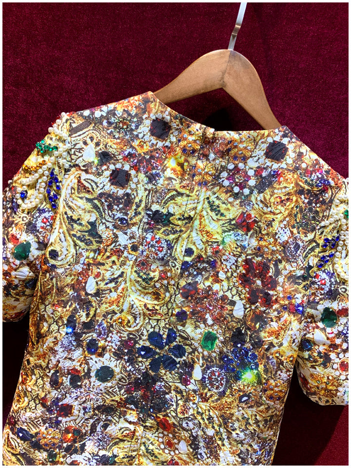 Women Runway Pearl Diamond Short Sleeve Vintage Mini Dress
