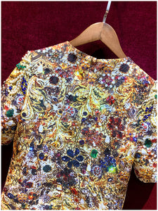 Women Runway Pearl Diamond Short Sleeve Vintage Mini Dress