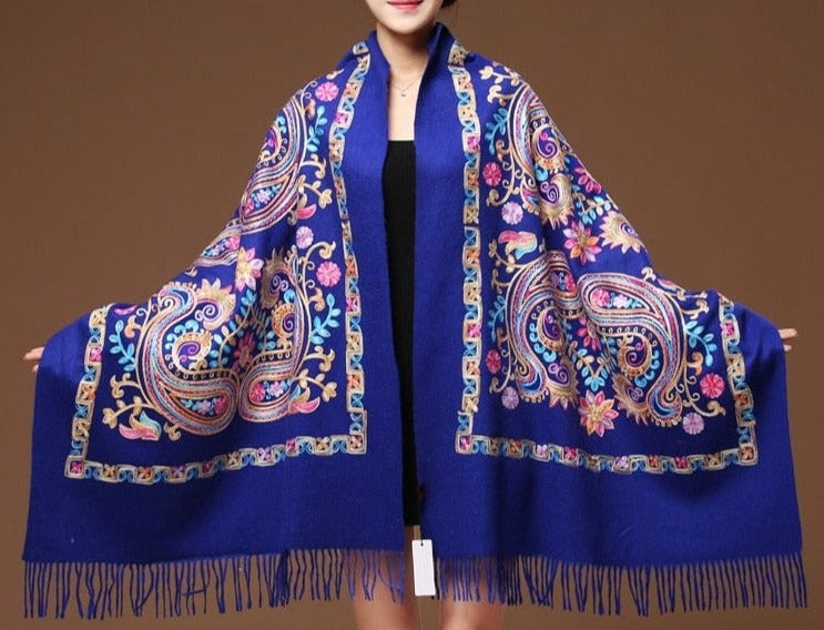 Women Floral Embroidery Shawl Pashmina Cashmere Scarf