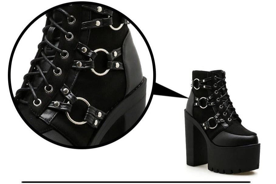 Women Motorcycle Platform Heels Lacing Round Toe Shoes